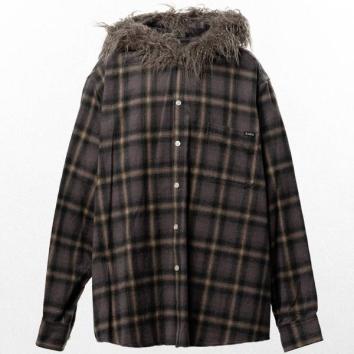 【KAMIYA-カミヤ】Fur-Trimmed Hooded Check Shirt【BRW】