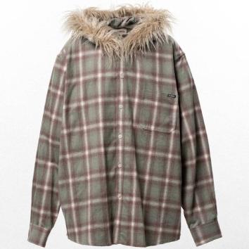 【KAMIYA-カミヤ】Fur-Trimmed Hooded Check Shirt【GRN】